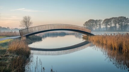 Wall Mural - A modern pedestrian bridge, crossing a calm river in a nature reserve, with trees and wildlife in the distance