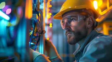 electrician and engineer work on an electrical circuit with many cables for communication and data transfer