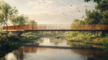 Canvas Print - A modern pedestrian bridge, crossing a calm river in a nature reserve, with trees and wildlife in the distance