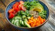 © Veronika - A vibrant and nutritious salad bowl filled with fresh greens, colorful vegetables like tomatoes, cucumbers, and carrots, with a serving of quinoa and perfectly sliced avocado on top