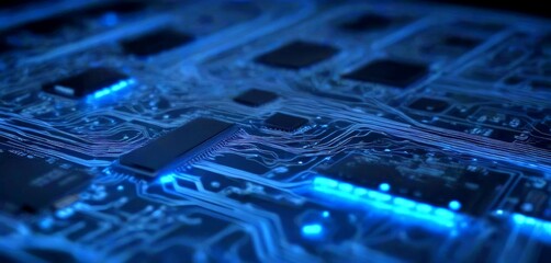 Fototapete - A close-up view circuit board with various electronic components, including a central processor and a series of smaller components, illuminated by blue light