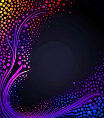 a vibrant abstract design with a dark background, a central black circle, and a pattern of colorful dots and lines in shades of purple, orange, and blue