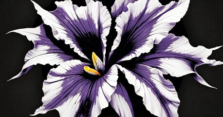 Poster - A close-up large purple and white iris flower with a yellow center, set against a black background