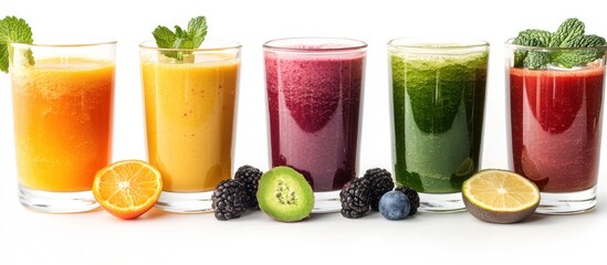 Wall Mural - Five glasses of colorful smoothies with fresh fruits and mint leaves, arranged on a white background.