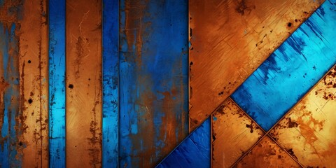 Leinwandbilder - a close-up view textured metal surface with vertical stripes in blue and orange, creating a geometric pattern