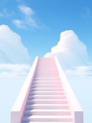 Wall Mural - heavenly stairway leading into a bright blue sky filled with fluffy white clouds and radiant sunligh