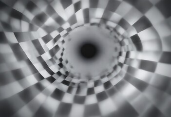 Fototapete - a black and white photograph of a checkered pattern with a central black circle, creating a sense of depth and movement.