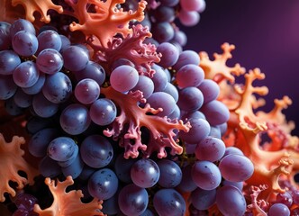Poster - A close-up view of a cluster of purple grapes with orange coral-like structures growing on them, set against a purple background.