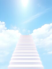 Wall Mural - heavenly stairway leading into a bright blue sky filled with fluffy white clouds and radiant sunligh