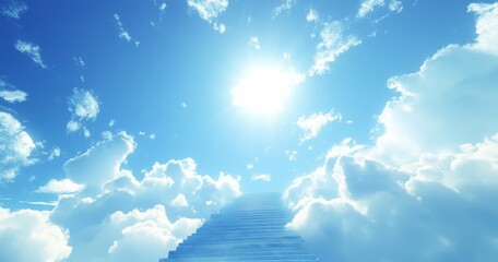 Wall Mural - heavenly stairway leading into a bright blue sky filled with fluffy white clouds and radiant sunligh