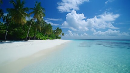 Tranquil tropical beach with white sand, turquoise water, palm trees, and blue sky.