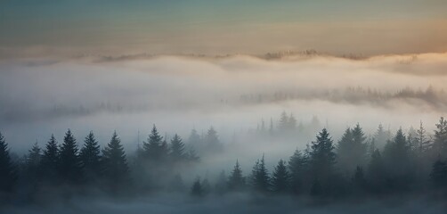 Poster - A serene landscape with a forest of pine trees shrouded in a thick layer of fog, creating a sense of mystery and tranquility