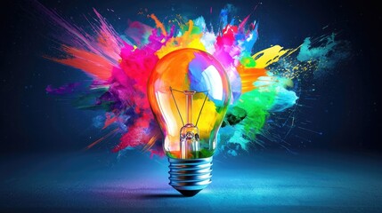 Wall Mural - colorful light bulb with splash paint on dark background, representing ideas and creativity.