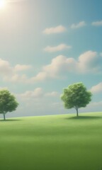 Poster - Two trees stand on a grassy hill under a blue sky with white clouds, with the sun shining brightly in the top left corner