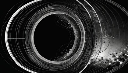 Fototapete - a black and white abstract composition featuring a large circular opening in the center, surrounded by concentric rings of varying sizes and shapes