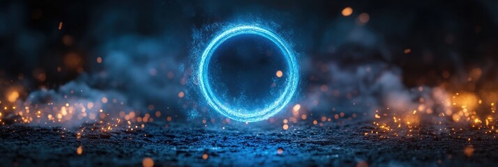 Wall Mural - Glowing blue neon ring hovering over a dark surface with sparks and smoke.