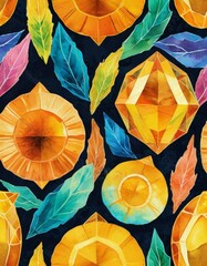 Poster - a repeating pattern of vibrant, geometric shapes in shades of yellow, orange, and green against a dark background