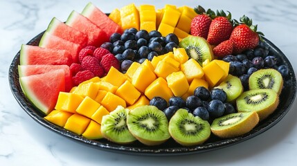 A beautifully arranged fruit platter with a mix of vibrant, fresh fruits like watermelon, kiwi, mango, strawberries, and blueberries