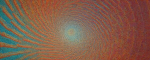 Poster - a spiral pattern with a central white circle, surrounded by concentric orange and blue lines that create a sense of depth and movement