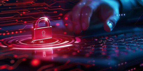 Cyber security concept. Hand pressing keypad lock on laptop keyboard
