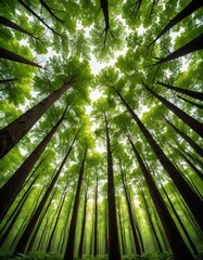 Poster - A vertical view dense forest canopy, with sunlight filtering through the lush green leaves and casting dappled shadows on the forest floor