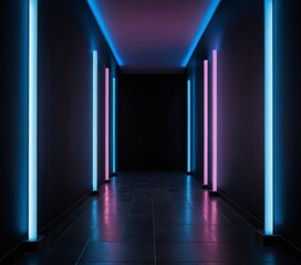 Fototapete - A long, dimly lit corridor with a tiled floor and three vertical columns of glowing blue and pink lights on either side, creating a sense of depth and perspective