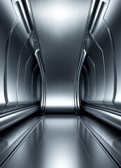 Poster - A futuristic corridor with a reflective, metallic floor and walls, creating a sense of depth and space