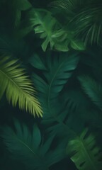 Poster - a dense, lush display of tropical foliage, with leaves in various shades of green and yellow, creating a sense of depth and complexity.