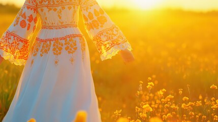 Wall Mural - Spring essence: russian women in hand-dyed dresses amidst a golden field