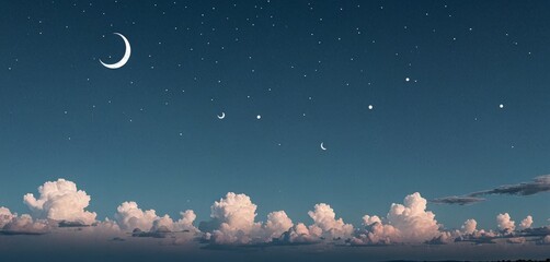 Poster - A serene night sky with a crescent moon, stars, and a crescent moon, set against a backdrop of fluffy white clouds