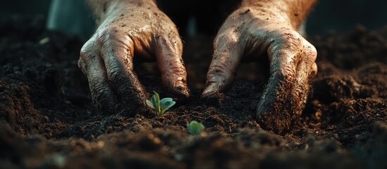 Sticker - Close up of dirty hands planting seedlings in rich soil.