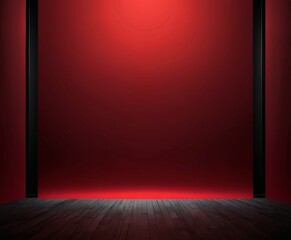 Poster - A dramatic red-tinted room with a wooden floor, two black columns, and a spotlight on the right side, creating a theatrical setting