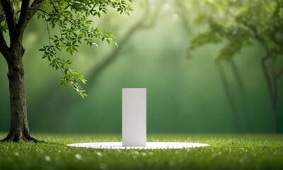 Poster - A white rectangular object stands alone on a circular platform in a verdant landscape, with a tree and lush foliage in the background