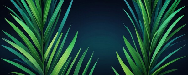 Aufkleber - a close-up view of a pair of palm leaves with long, thin, and pointed green leaves against a dark blue background.