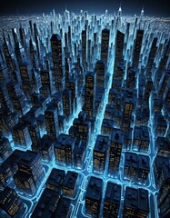 Poster - A futuristic cityscape with towering skyscrapers and a network of glowing blue lines crisscrossing the streets, creating a sense of depth and dimension