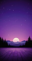 Poster - A serene night scene with a glowing moon, a starry sky, and a silhouetted landscape of mountains and trees