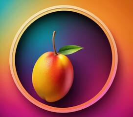 Aufkleber - A vibrant, circular frame surrounds a single, ripe mango with a green stem and a single leaf, set against a gradient background of warm hues