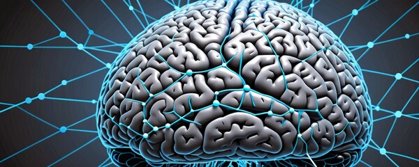 Fototapete - A close-up view brain, with intricate network lines and dots surrounding it, conveying a sense of complexity and interconnectedness