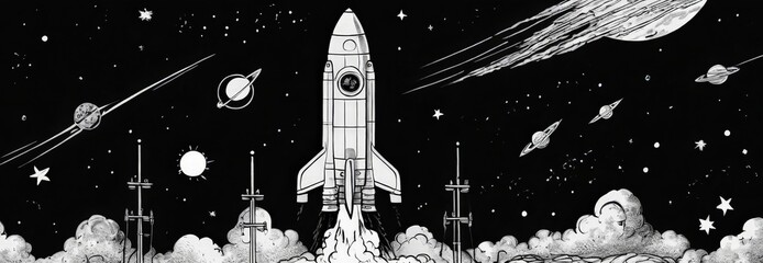 Leinwandbilder - A black and white illustration rocket ship launching into space, with planets and stars in the background