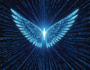 Poster - a digital illustration winged creature with a glowing, radiant body, surrounded by a digital data-filled background