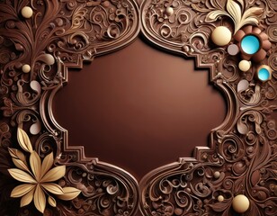 Leinwandbilder - an ornate, three-dimensional brown background with intricate floral and leaf designs, a central empty space, and a gold flower at the bottom left