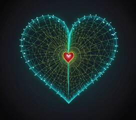 Aufkleber - A glowing heart-shaped network with a red heart at its center is displayed against a dark background