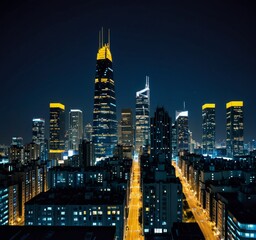 Poster - A nighttime cityscape featuring a skyline of illuminated skyscrapers and buildings, with a prominent yellow-lit skyscraper in the center