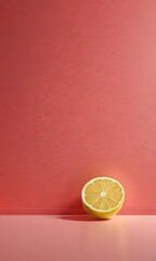 Aufkleber - A single lemon slice rests on a pink surface, its vibrant yellow color contrasting with the soft pink backdrop