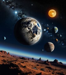 Leinwandbilder - A surreal cosmic landscape with a large planet dominating the center, surrounded by smaller planets and a bright moon, set against a backdrop desert landscape and starry sky