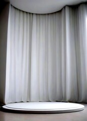 Leinwandbilder - A white circular platform is situated in front white curtain, with a curved ceiling above