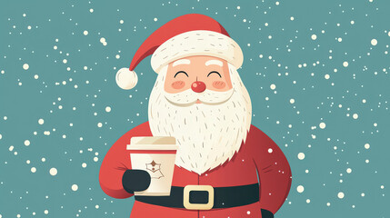 Santa Claus holding coffee cup, smiling joyfully in snowy background, embodies festive spirit of holiday season