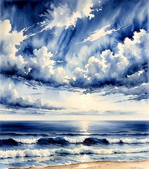 Poster - a serene ocean scene with a large, bright sun peeking through the clouds, casting a warm glow over the water The sky is filled with fluffy white clouds, and the sandy beach