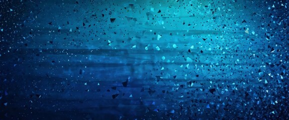Poster - a blue-green gradient background with scattered black and white triangular shapes, creating a dynamic and abstract visual effect.