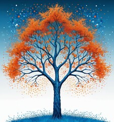 Poster - A vibrant digital illustration of a tree with orange leaves against a blue sky, surrounded by white stars.